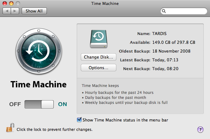 Main preferences for Time Machine