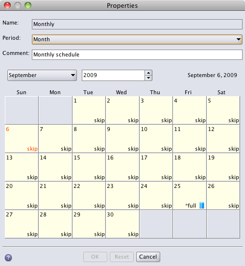 Perpetual monthly schedule in calendar view